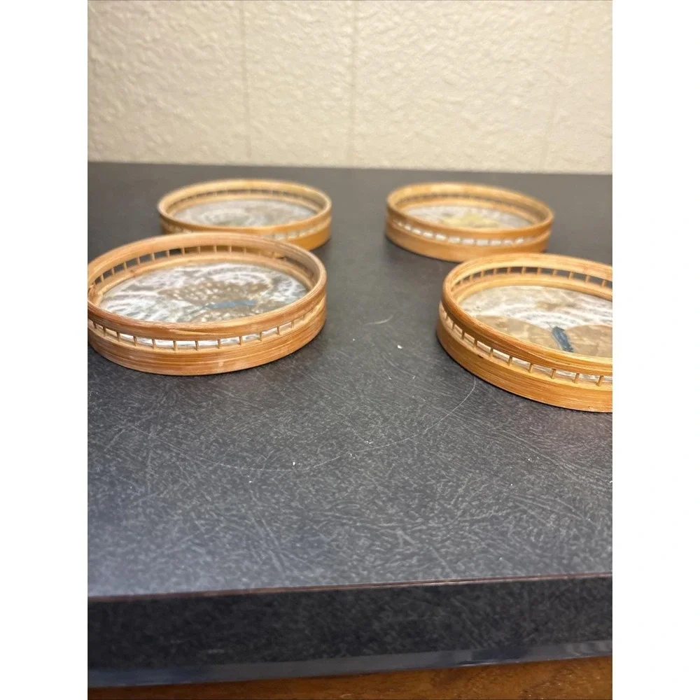 Vtg~1970's~Pressed Butterfly Bamboo Coaster~Set of 4~Japan